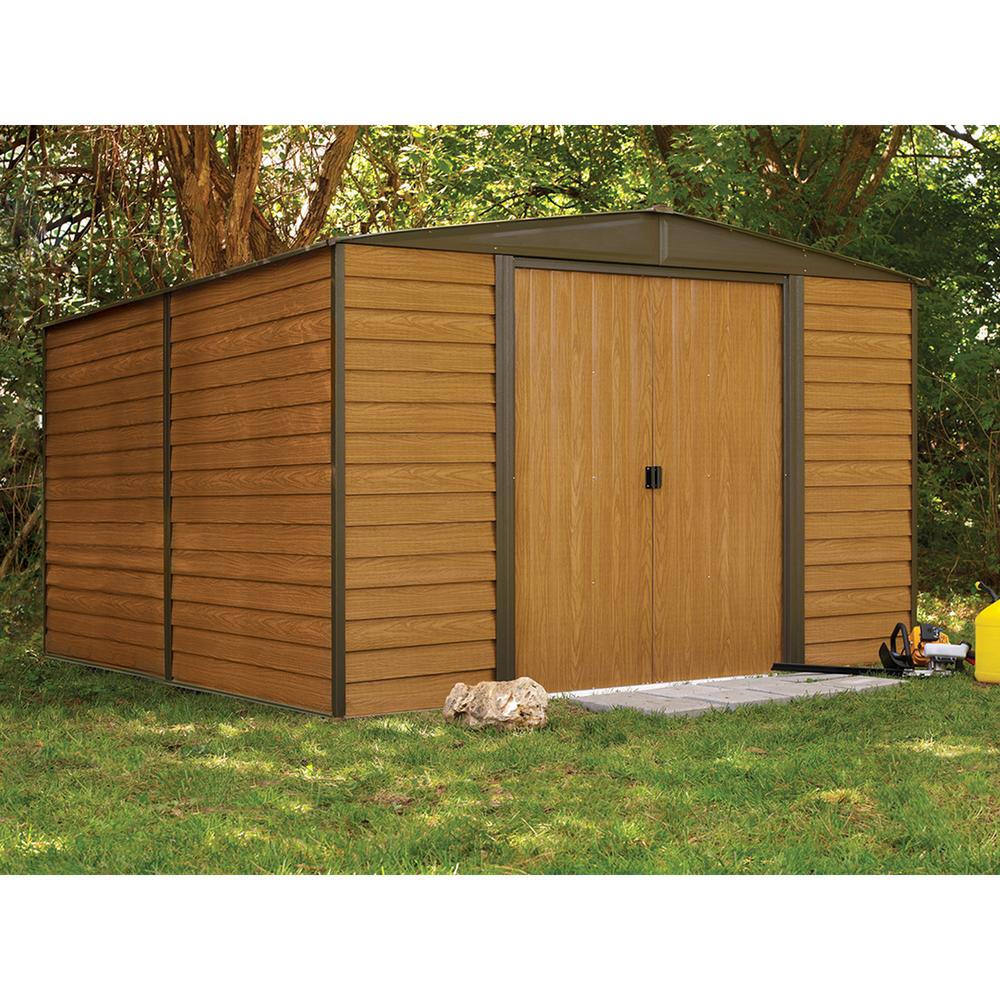 Arrow Woodridge Steel Shed In Coffee/Woodgrain